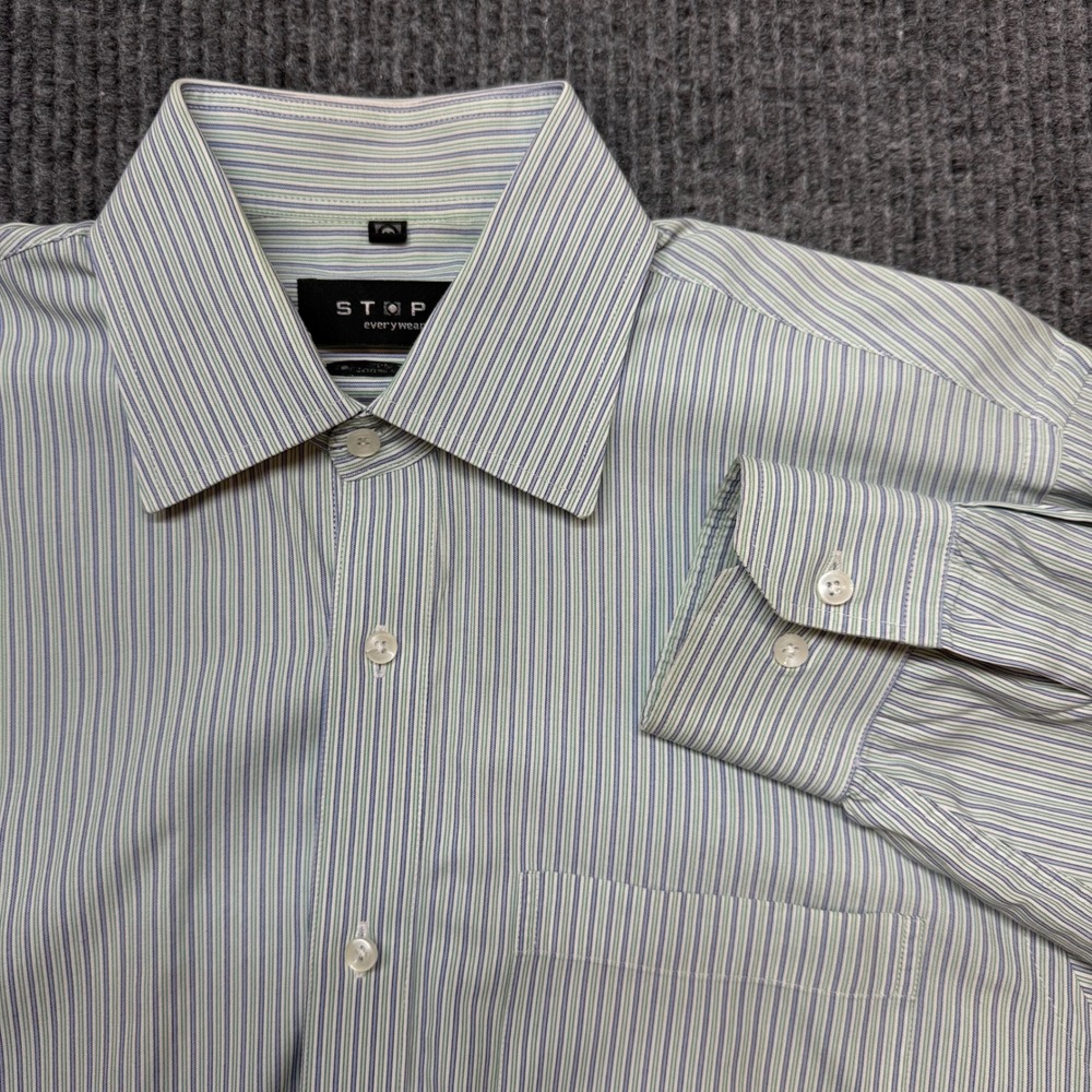 STOP Everywear Button Up Shirt Mens 40 Blue Green Striped 2-Ply Cotton‎